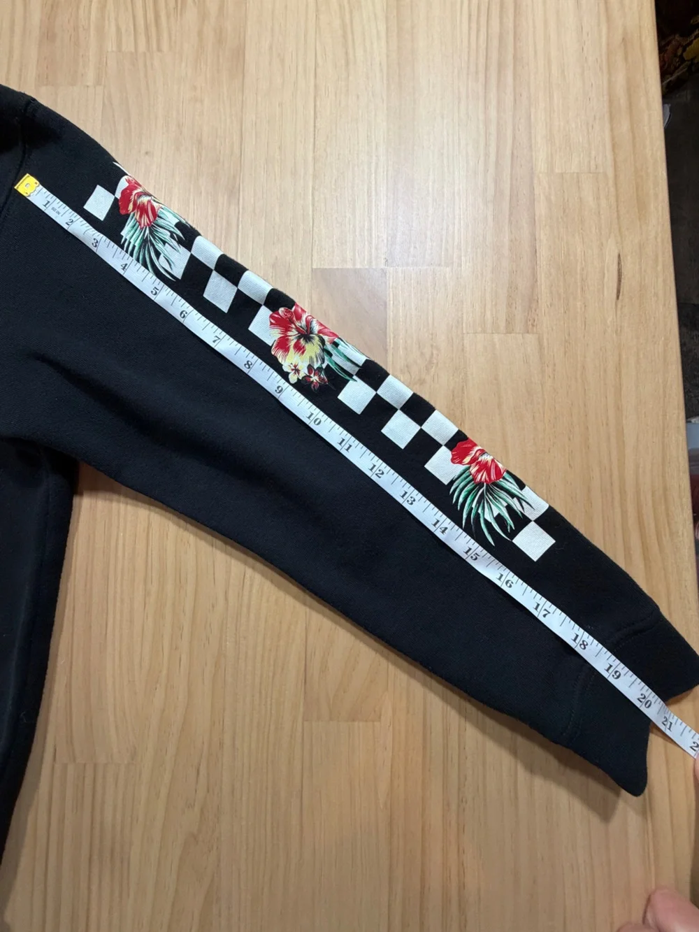 Vans Black Crewneck Hoodie with Floral Checker Sleeve Accents B7